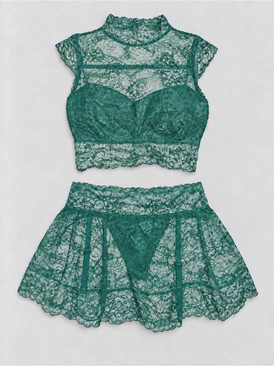 La Vie En Rose Other - La Vie En Rose Teal Green Lace High-Neck Bralette and Skirt Set